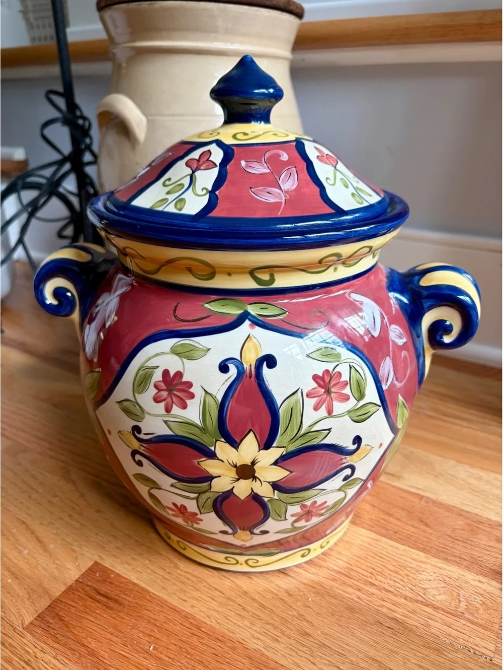 Pier 1 Vallarta Hand Painted Earthenware Cookie Jar Canister Retired Floral